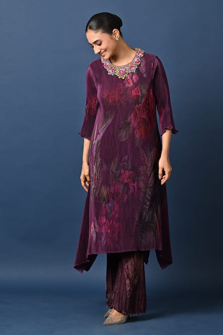 Buy_Kiran Uttam Ghosh_Wine Polyester Pleated Pant _Online_at_Aza_Fashions