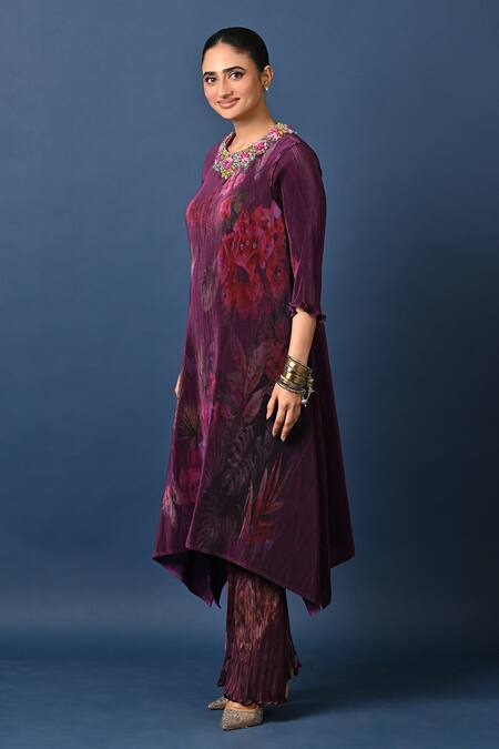 Shop_Kiran Uttam Ghosh_Wine Polyester Pleated Pant _Online_at_Aza_Fashions