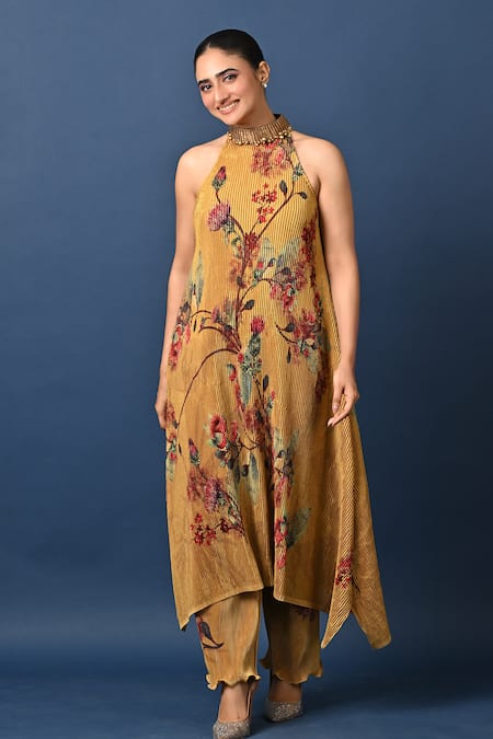 Kiran Uttam Ghosh Mustard Polyester Embroidery Halter Neck Hand Dress 