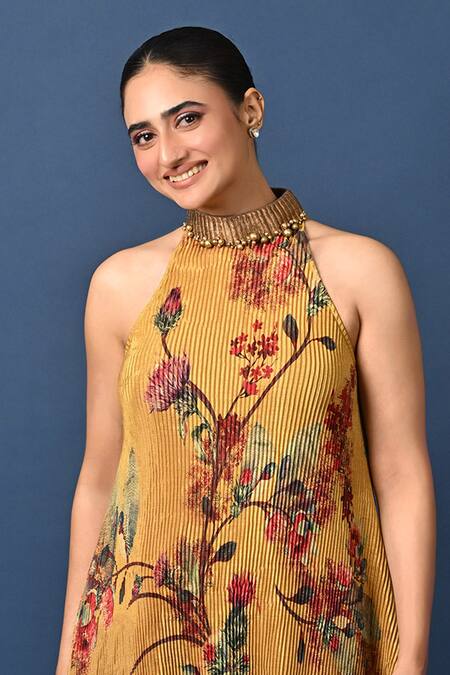 Kiran Uttam Ghosh_Mustard Polyester Embroidery Halter Neck Hand Dress _Online_at_Aza_Fashions