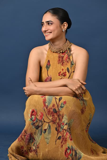 Buy_Kiran Uttam Ghosh_Mustard Polyester Embroidery Halter Neck Hand Dress _Online_at_Aza_Fashions