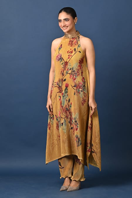 Kiran Uttam Ghosh Mustard Polyester Pleated Pant 