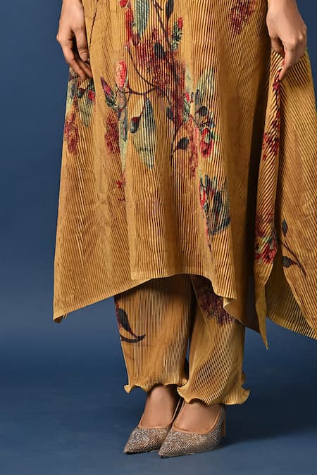 Kiran Uttam Ghosh_Mustard Polyester Pleated Pant _Online_at_Aza_Fashions