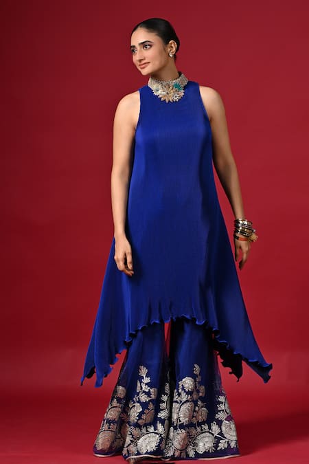 Kiran Uttam Ghosh Blue Polyester Embroidery Round Neck Pleated Designer Dress 
