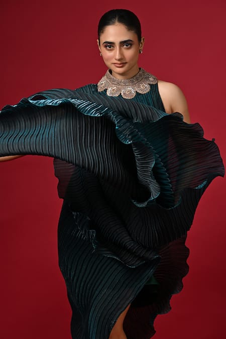 Kiran Uttam Ghosh_Blue Polyester Embroidery Round Neck Hand Pleated Dress _Online_at_Aza_Fashions