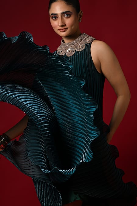 Shop_Kiran Uttam Ghosh_Blue Polyester Embroidery Round Neck Hand Pleated Dress _Online_at_Aza_Fashions