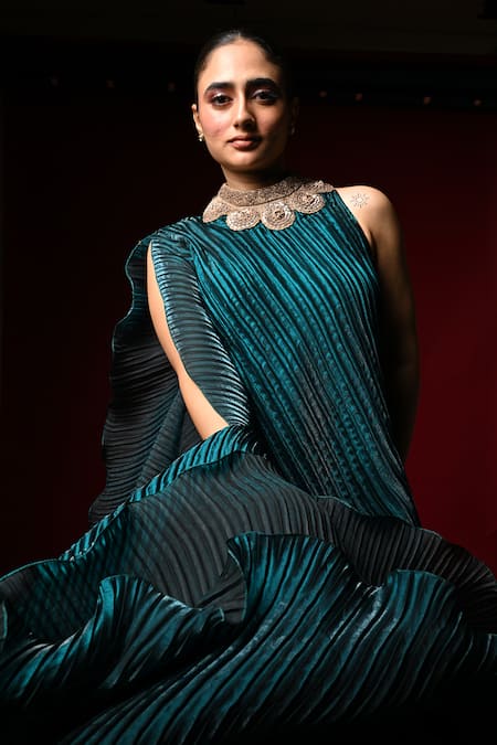 Kiran Uttam Ghosh_Blue Polyester Embroidery Round Neck Hand Pleated Dress _at_Aza_Fashions
