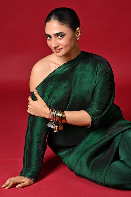Kiran Uttam Ghosh_Green Polyester Off-shoulder Pleated Designer Dress _Online_at_Aza_Fashions