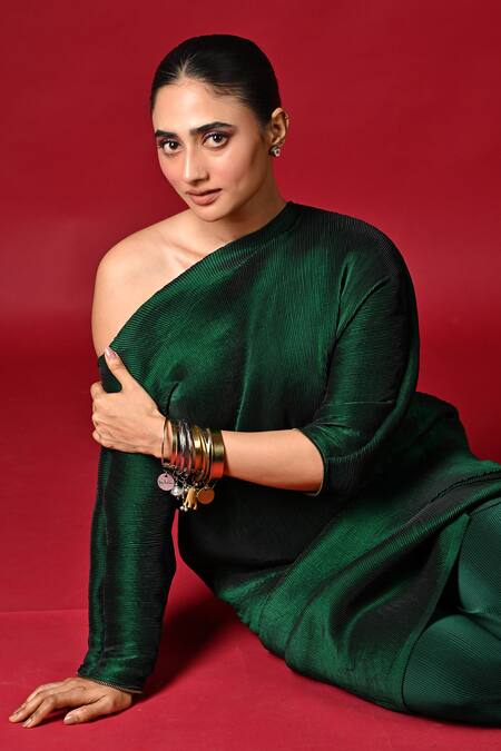 Buy_Kiran Uttam Ghosh_Green Polyester Off-shoulder Pleated Designer Dress _Online_at_Aza_Fashions