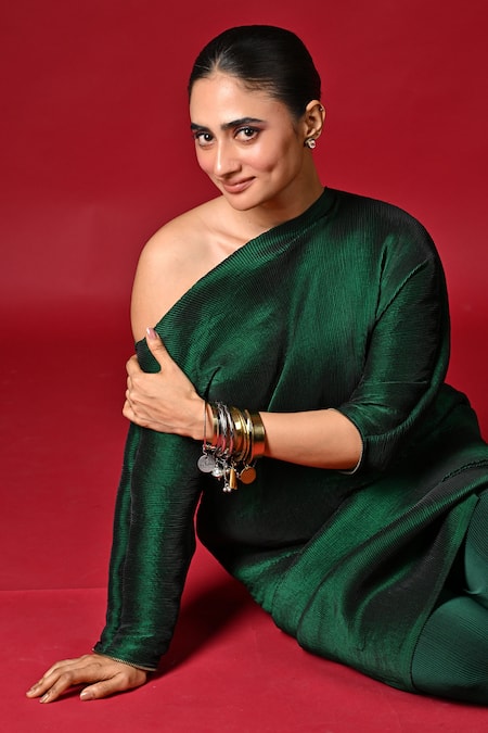 Kiran Uttam Ghosh_Green Polyester Pleated Pant _Online_at_Aza_Fashions