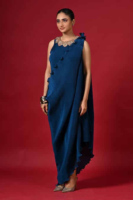 Kiran Uttam Ghosh Blue Polyester Embroidery Round Neck Pleated Designer Dress And Drape Set 