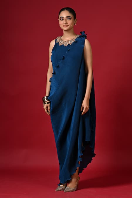 Kiran Uttam Ghosh Blue Pleated Designer Dress & Drape Set 