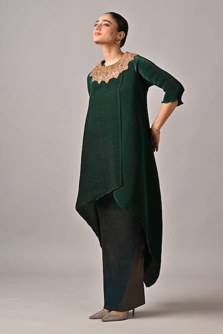 Kiran Uttam Ghosh_Green Polyester Embroidery Round Neck Pleated Designer Wrap Dress _Online_at_Aza_Fashions