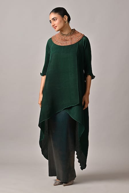 Buy_Kiran Uttam Ghosh_Green Polyester Embroidery Round Neck Pleated Designer Wrap Dress _Online_at_Aza_Fashions