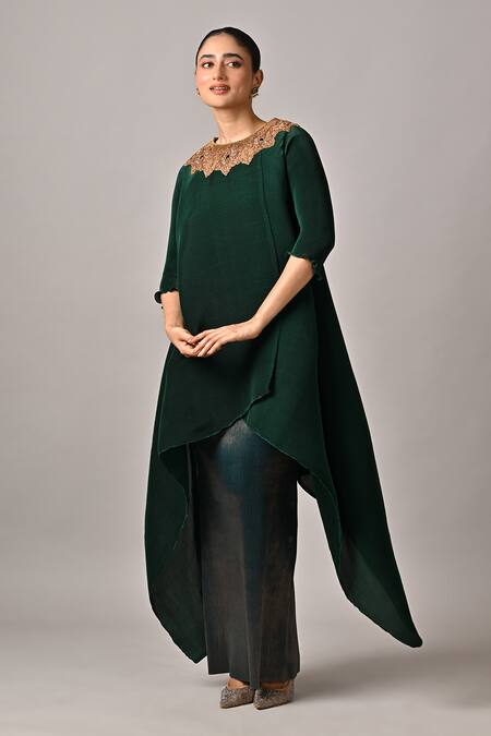 Kiran Uttam Ghosh_Green Polyester Round Neck Pleated Long Dress _Online_at_Aza_Fashions
