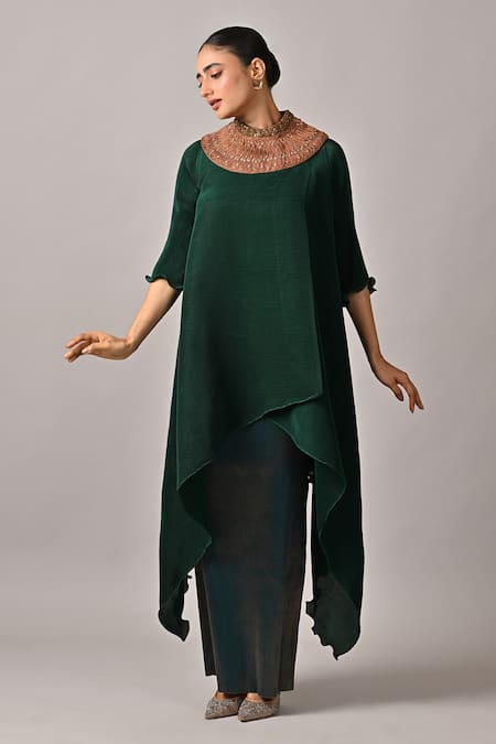 Kiran Uttam Ghosh Green Polyester Round Neck Pleated Long Dress