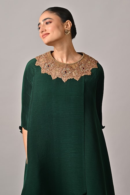 Shop_Kiran Uttam Ghosh_Green Polyester Round Neck Pleated Long Dress _Online_at_Aza_Fashions
