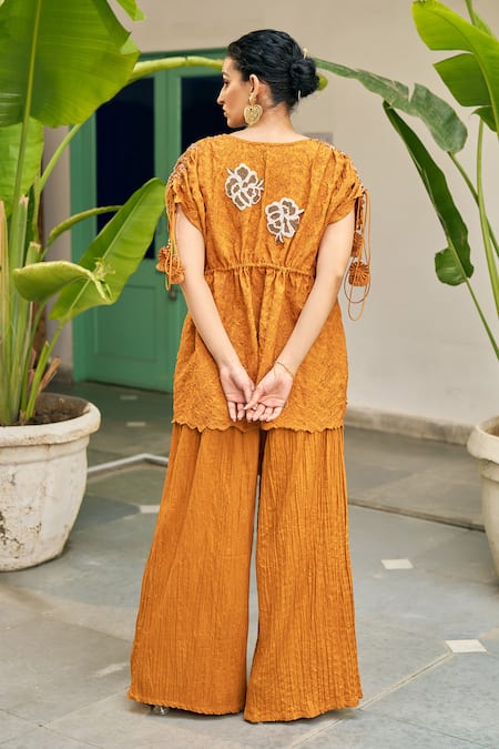 Vidushi Gupta Ochre Yellow Thread Work Tunic & Pant Set 