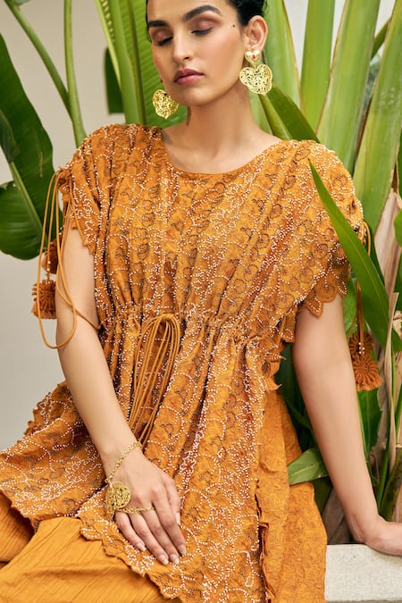 Vidushi Gupta_Yellow Modal, Cotton, Silk Cut Work, Embroidery Ochre Thread Tunic And Pant Set _Online_at_Aza_Fashions