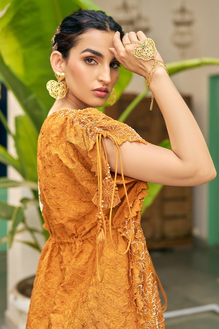 Buy_Vidushi Gupta_Yellow Modal, Cotton, Silk Cut Work, Embroidery Ochre Thread Tunic And Pant Set _Online_at_Aza_Fashions