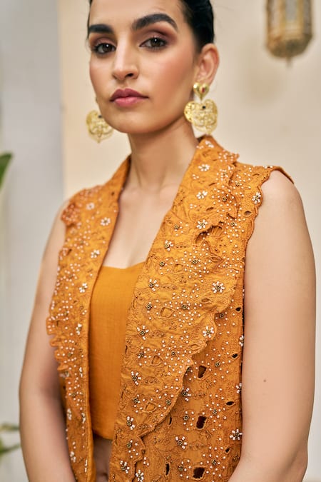 Buy_Vidushi Gupta_Olive Green Modal, Cotton, Silk Pearls Cutwork Embroidered Jacket And Pant Set _Online_at_Aza_Fashions