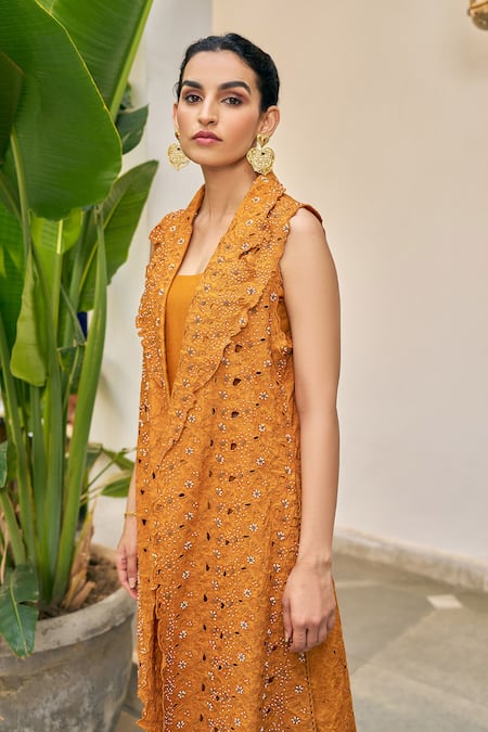 Shop_Vidushi Gupta_Olive Green Modal, Cotton, Silk Pearls Cutwork Embroidered Jacket And Pant Set _Online_at_Aza_Fashions