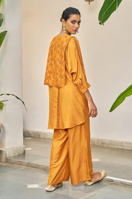 Vidushi Gupta Designer Ochre Yellow Kurta Pant Set 