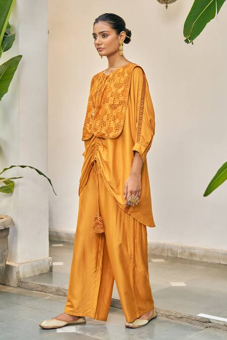 Vidushi Gupta_Yellow Modal, Silk, Cotton Tassels Round Neck Designer Ochre Kurta Pant Set _Online_at_Aza_Fashions