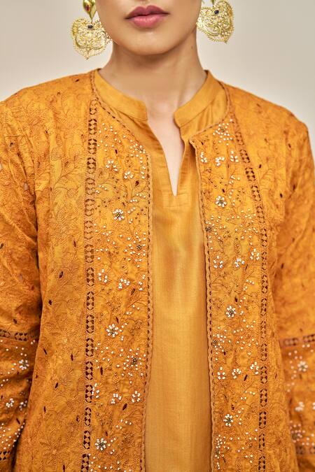 Vidushi Gupta_Yellow Modal, Silk, Cotton Pearls, Cut Work, Embroidery Cutwork Ochre Set _Online_at_Aza_Fashions