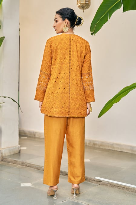 Vidushi Gupta Cutwork Embroidered Ochre Yellow Set 
