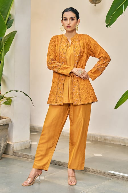 Vidushi Gupta Yellow Modal, Silk, Cotton Pearls, Cut Work, Embroidery Cutwork Ochre Set 