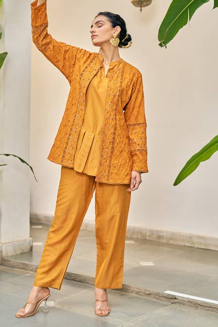 Buy_Vidushi Gupta_Yellow Modal, Silk, Cotton Pearls, Cut Work, Embroidery Cutwork Ochre Set _Online_at_Aza_Fashions