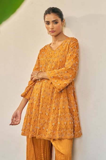 Vidushi Gupta_Yellow Modal, Silk, Cotton V-neck Ochre Designer Kurta Set _Online_at_Aza_Fashions