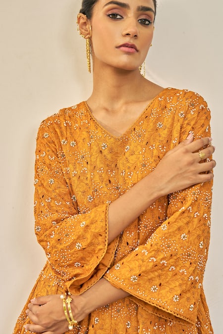 Buy_Vidushi Gupta_Yellow Modal, Silk, Cotton V-neck Ochre Designer Kurta Set _Online_at_Aza_Fashions