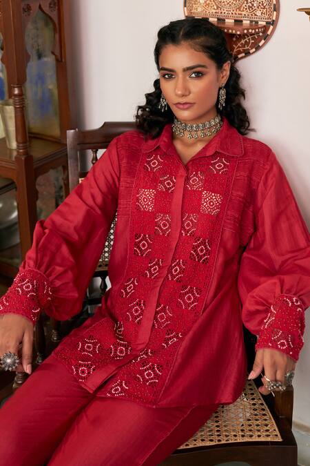 Vidushi Gupta_Red Modal, Cotton, Silk Cut Work, Embroidery Ruby Cutwork Shirt And Pant Set _Online_at_Aza_Fashions