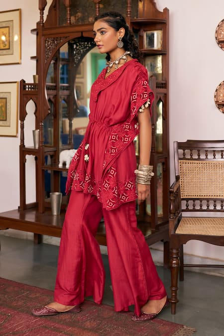 Vidushi Gupta_Red Modal, Cotton, Silk Tassels V-neck Ruby Ruffle Tunic And Pant Set _Online_at_Aza_Fashions