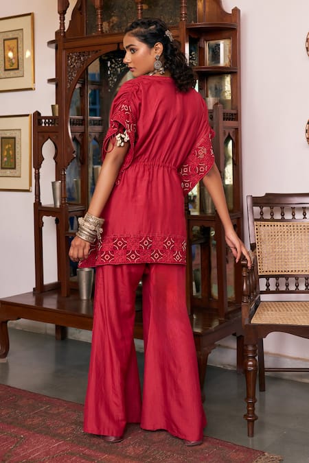 Vidushi Gupta Ruby Red Ruffle Tunic & Pant Set 