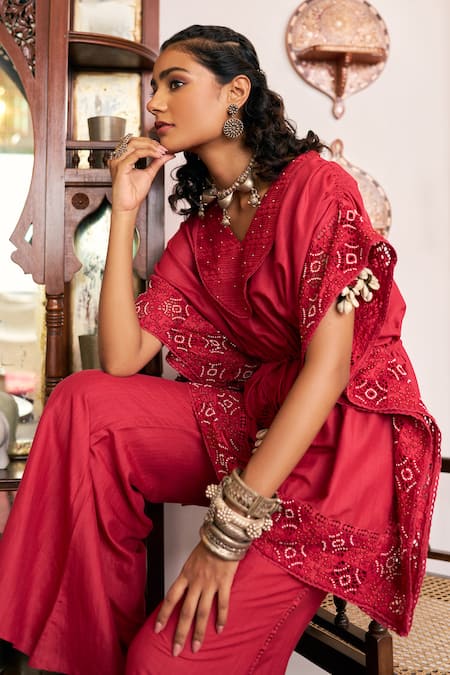 Buy_Vidushi Gupta_Red Modal, Cotton, Silk Tassels V-neck Ruby Ruffle Tunic And Pant Set _Online_at_Aza_Fashions