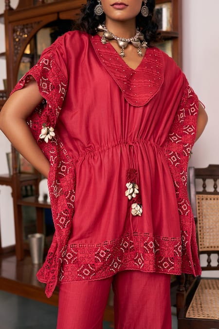 Shop_Vidushi Gupta_Red Modal, Cotton, Silk Tassels V-neck Ruby Ruffle Tunic And Pant Set _Online_at_Aza_Fashions