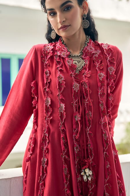 Buy_Vidushi Gupta_Red Modal, Silk, Cotton Tassels Round Neck Ruby Designer Kurta Set _Online_at_Aza_Fashions