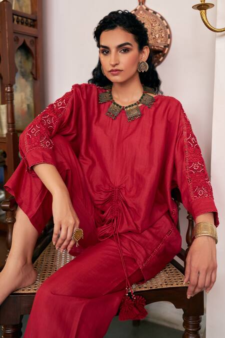 Vidushi Gupta_Red Modal, Cotton, Silk Round Neck Ruby Designer Kurta And Pant Set _Online_at_Aza_Fashions