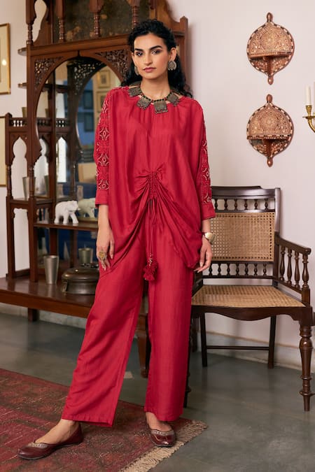 Buy_Vidushi Gupta_Red Modal, Cotton, Silk Round Neck Ruby Designer Kurta And Pant Set _Online_at_Aza_Fashions