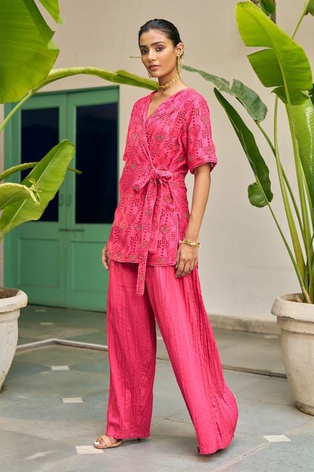 Vidushi Gupta_Fuchsia Modal, Silk, Cotton Embroidery, Lace Open Pink Cutwork Kurta And Pant Set _Online_at_Aza_Fashions