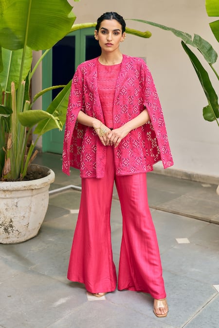 Vidushi Gupta_Fuchsia Modal, Silk, Shantoon Cut Work Open Neck, Fuschia Pink Cape And Pant Set _Online_at_Aza_Fashions