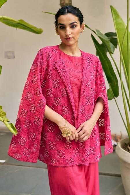 Buy_Vidushi Gupta_Fuchsia Modal, Silk, Shantoon Cut Work Open Neck, Fuschia Pink Cape And Pant Set _Online_at_Aza_Fashions