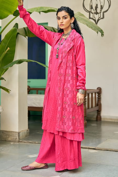 Vidushi Gupta_Fuchsia Modal, Silk, Cotton Embroidery, Lace Round Neck Cutwork Pink Set _Online_at_Aza_Fashions
