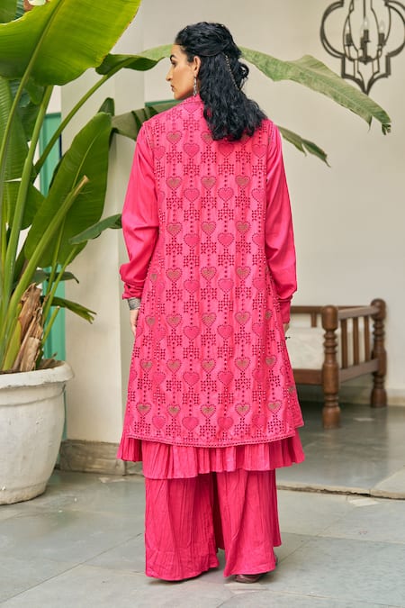 Vidushi Gupta Cutwork Embroidered Fuchsia Pink Set 