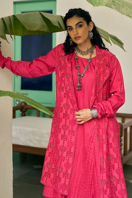 Buy_Vidushi Gupta_Fuchsia Modal, Silk, Cotton Embroidery, Lace Round Neck Cutwork Pink Set _Online_at_Aza_Fashions