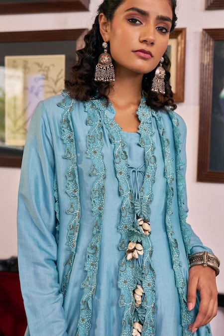 Buy_Vidushi Gupta_Blue Modal, Silk, Cotton Tassels, Lace V-neck Blush Designer Kurta Set _Online_at_Aza_Fashions