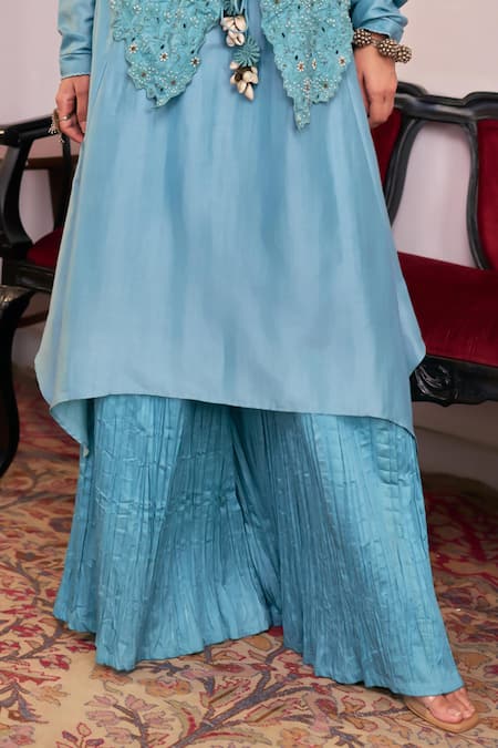 Vidushi Gupta_Blush Modal, Cotton, Silk Tassels Round Neck Blue Embroidered Kurta Pant Set _Online_at_Aza_Fashions